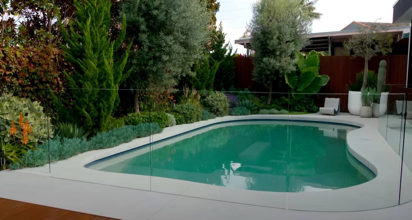Modern pool landscaping with glass fencing and tropical plants in San Leandro