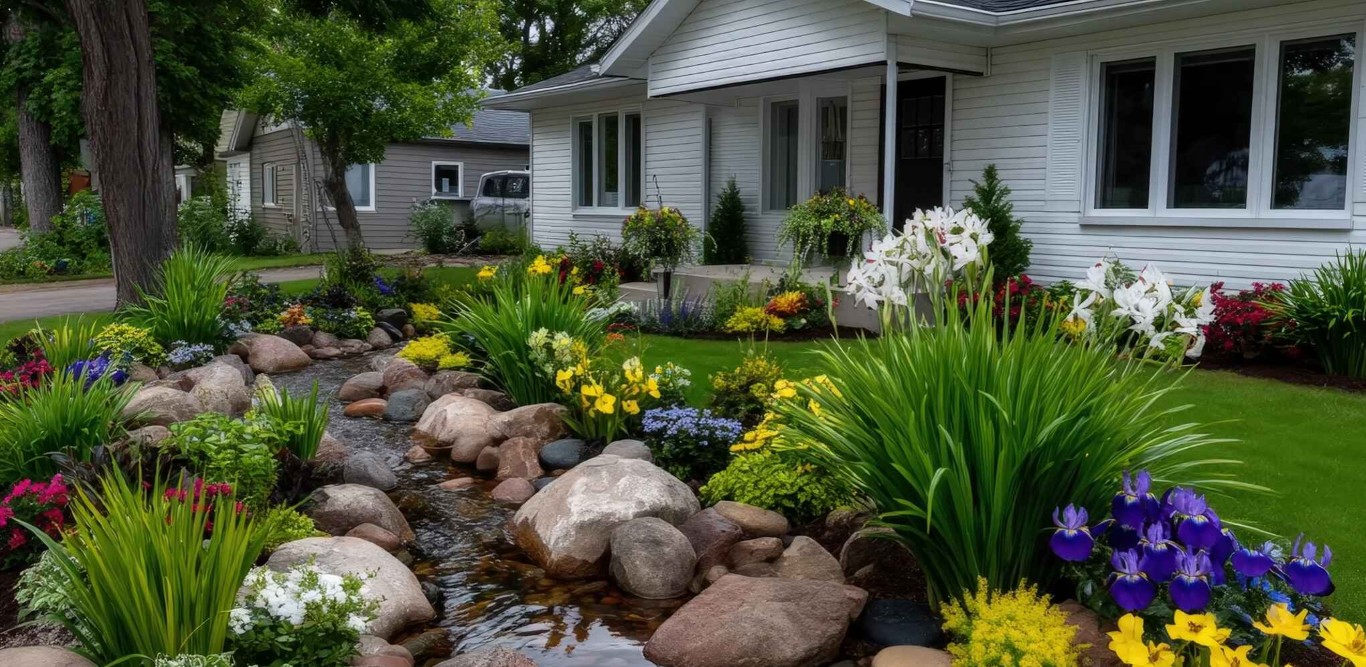 Custom landscape design with water feature installation